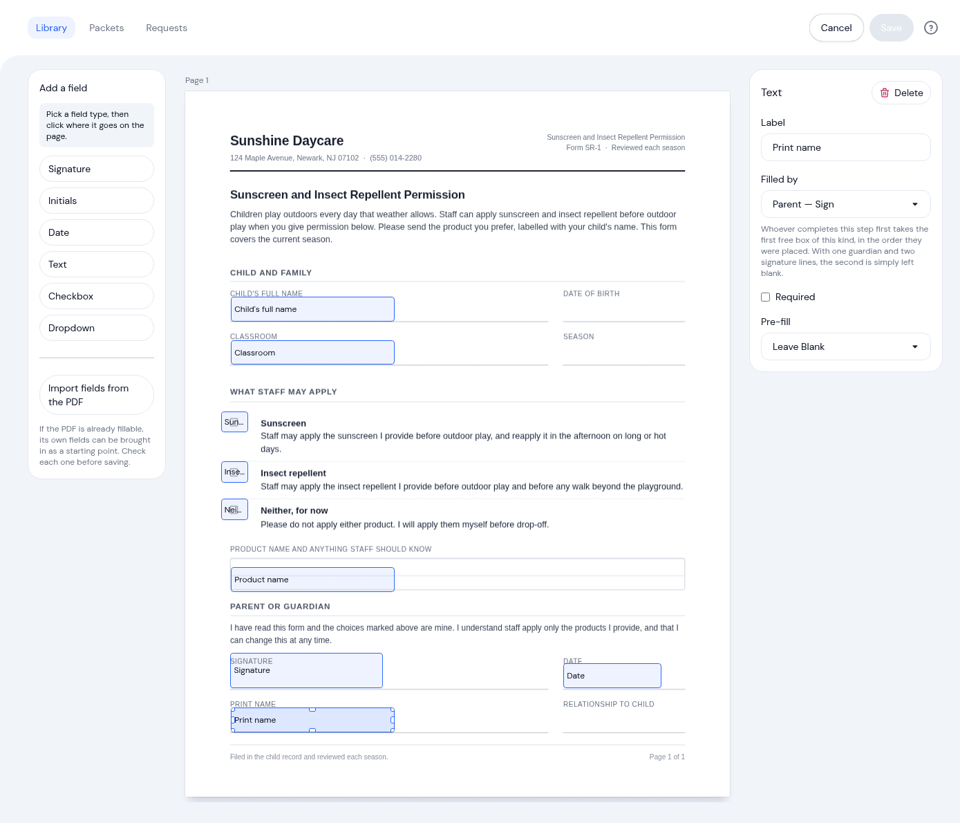 The KidzLog field placement editor, with signature, date, text and checkbox fields positioned on a sunscreen permission form