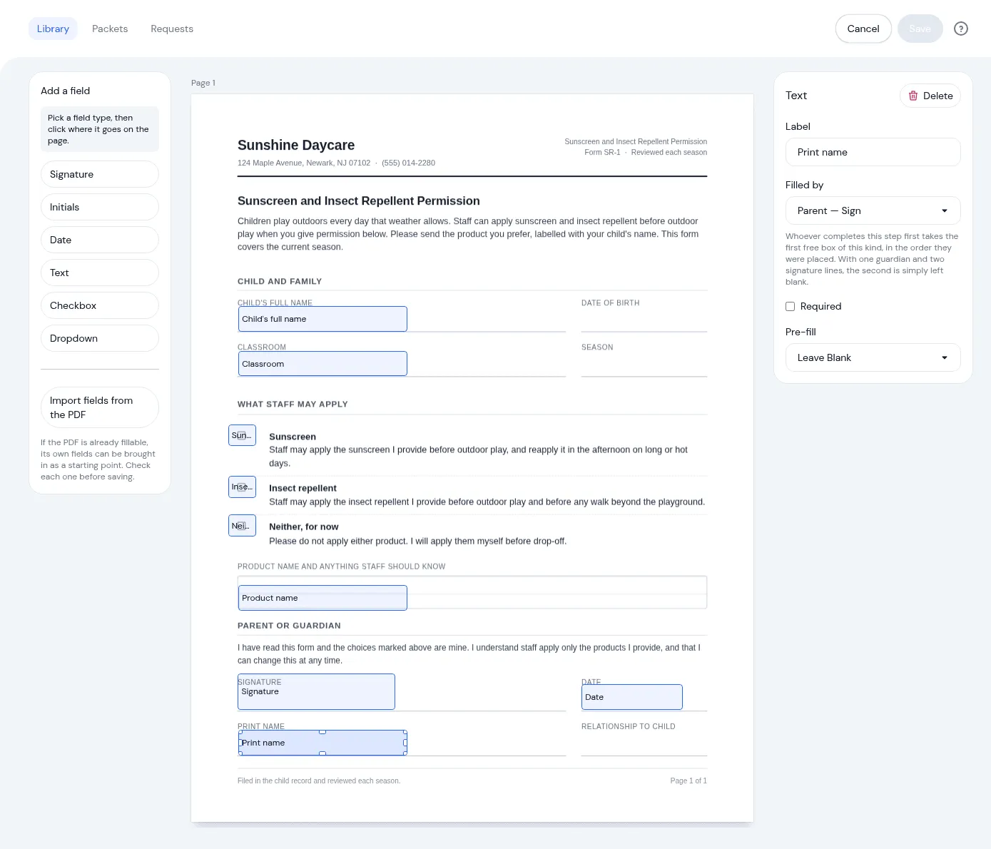 The KidzLog field placement editor, with signature, date, text and checkbox fields positioned on a sunscreen permission form