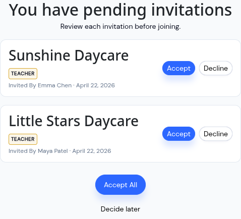 The pending invitations screen shown after login