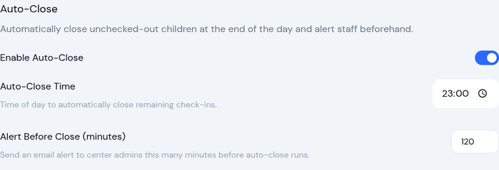 Auto-close settings with toggle enabled, time picker set to 23:00, and alert set to 120 minutes