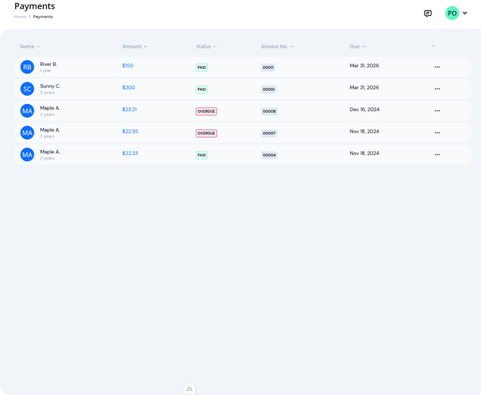 Invoice list with overdue status badges highlighted in red for past-due invoices