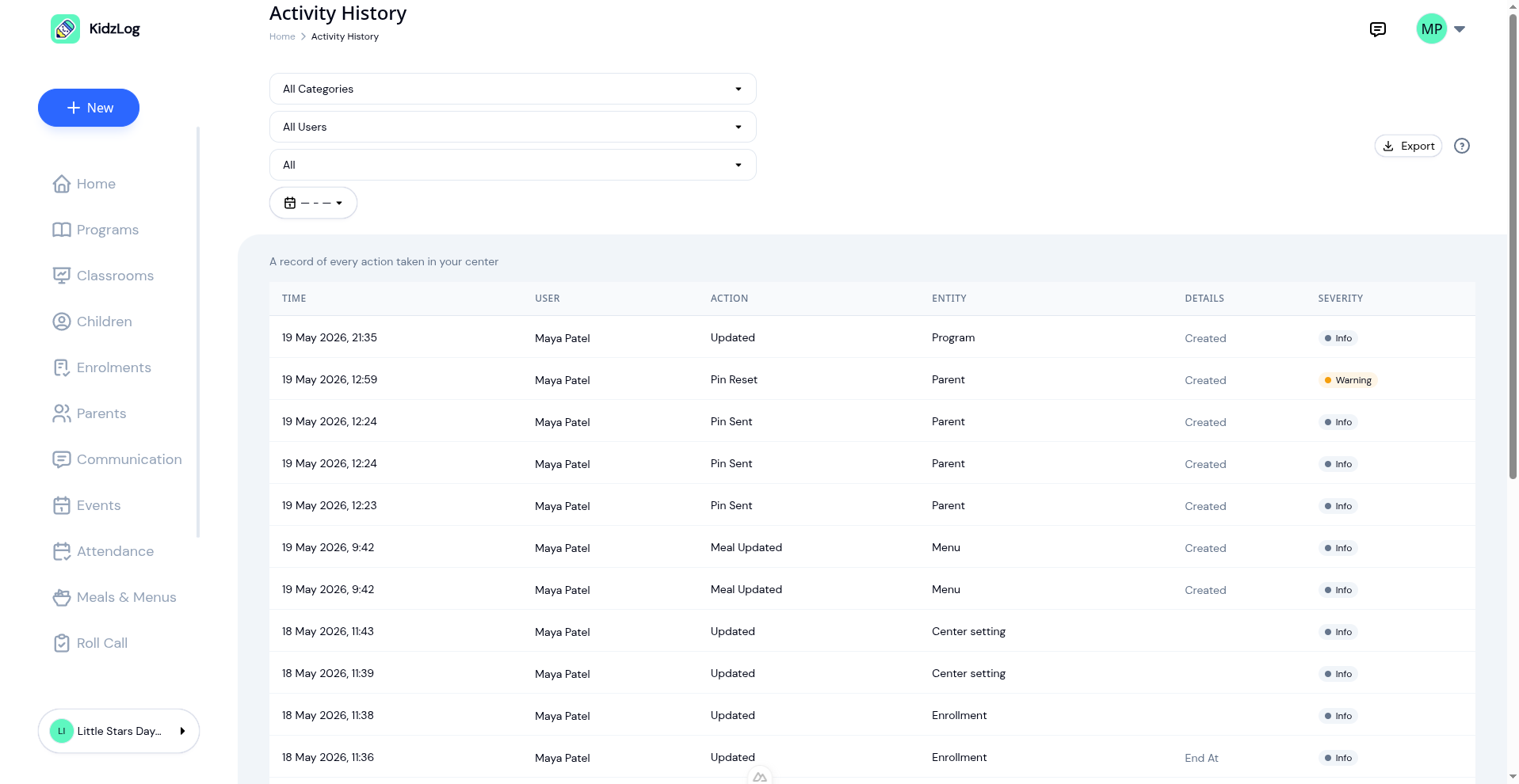 KidzLog Activity History page showing a paginated table of recent center actions