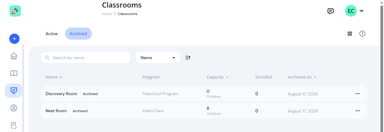 The Classrooms list on the Archived tab, with two archived rooms showing an Archived tag and the date each was archived