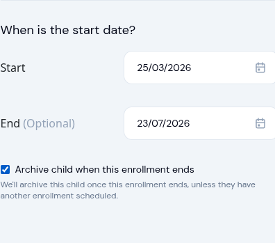 KidzLog enrollment form with the new "Archive child when this enrollment ends" checkbox