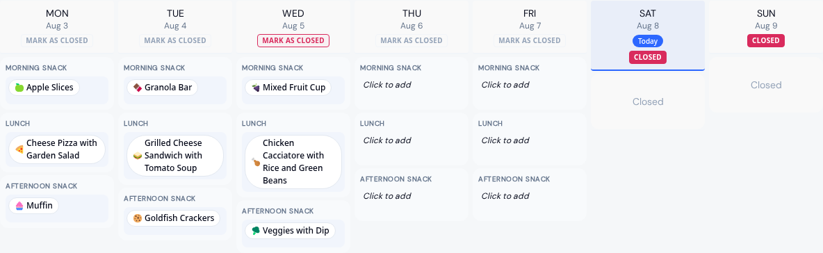 A week of the KidzLog menu builder with meals planned and the weekend marked closed