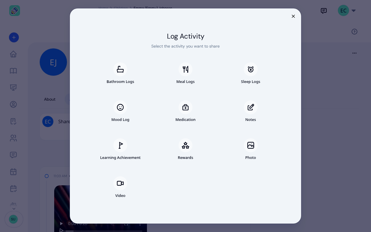 The KidzLog Log Activity picker: bathroom, meal, sleep, mood, medication, notes, learning achievement, rewards, photo and video