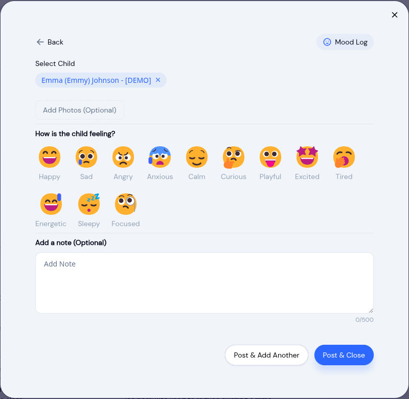 The Mood Log form asking 'How is the child feeling?', with twelve emoji from happy and calm through anxious, sleepy and focused, and an optional note