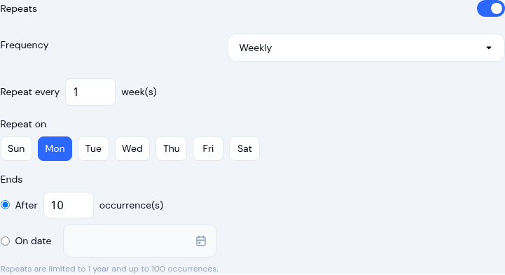 An event's repeat settings: weekly, every 1 week, on Mondays, ending after 10 occurrences