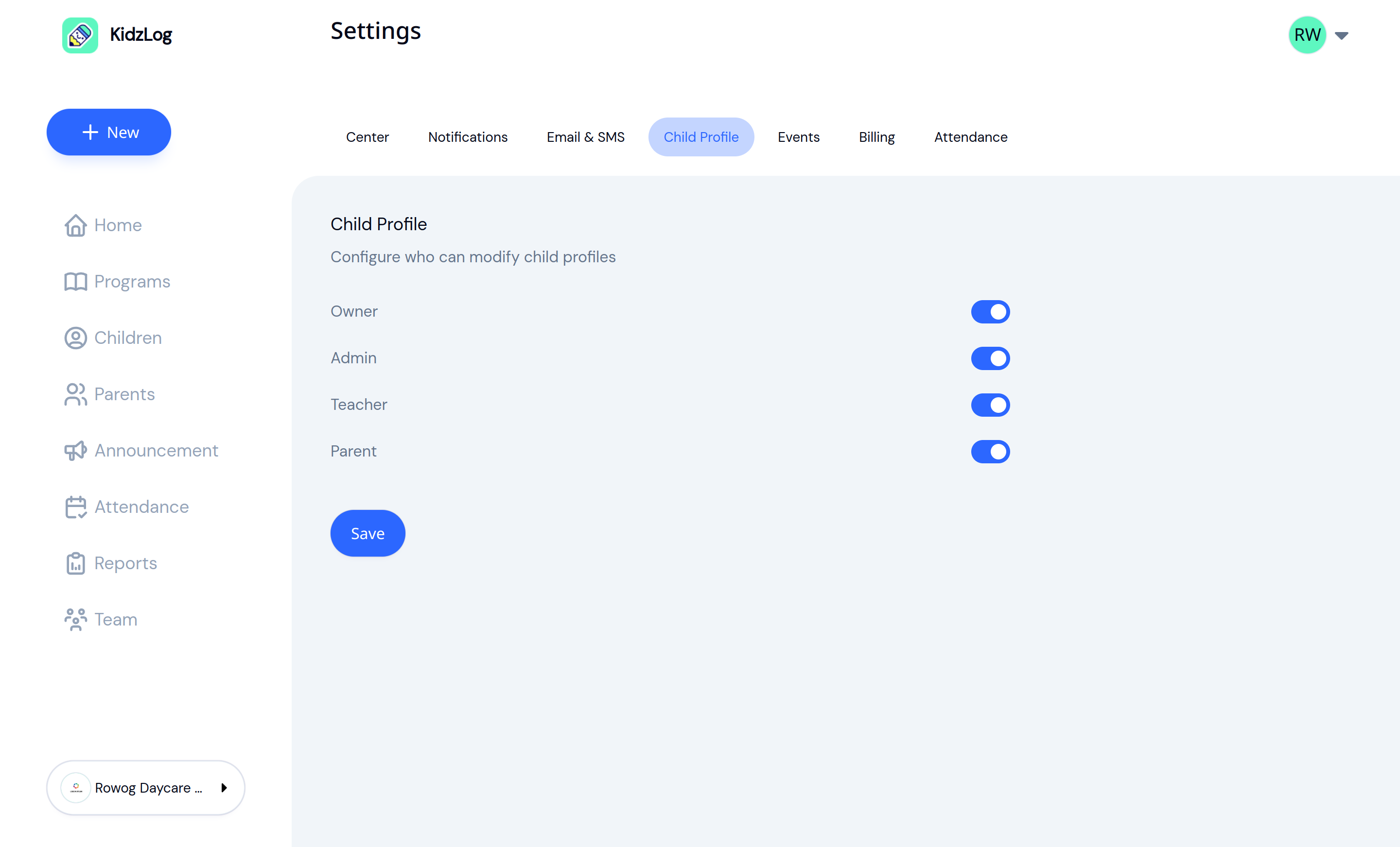The Child Profile settings tab, with a toggle per role controlling who can modify child profiles