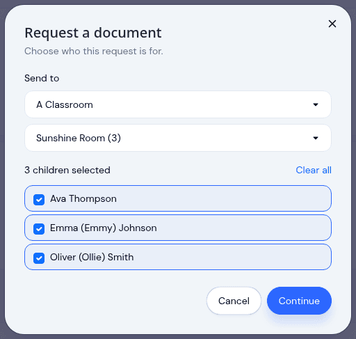 Choosing a classroom as the audience for a document request, with the children in that room listed and selected