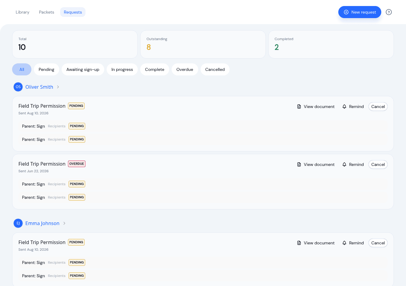 The KidzLog document requests dashboard, showing outstanding and completed counts and each family’s requests