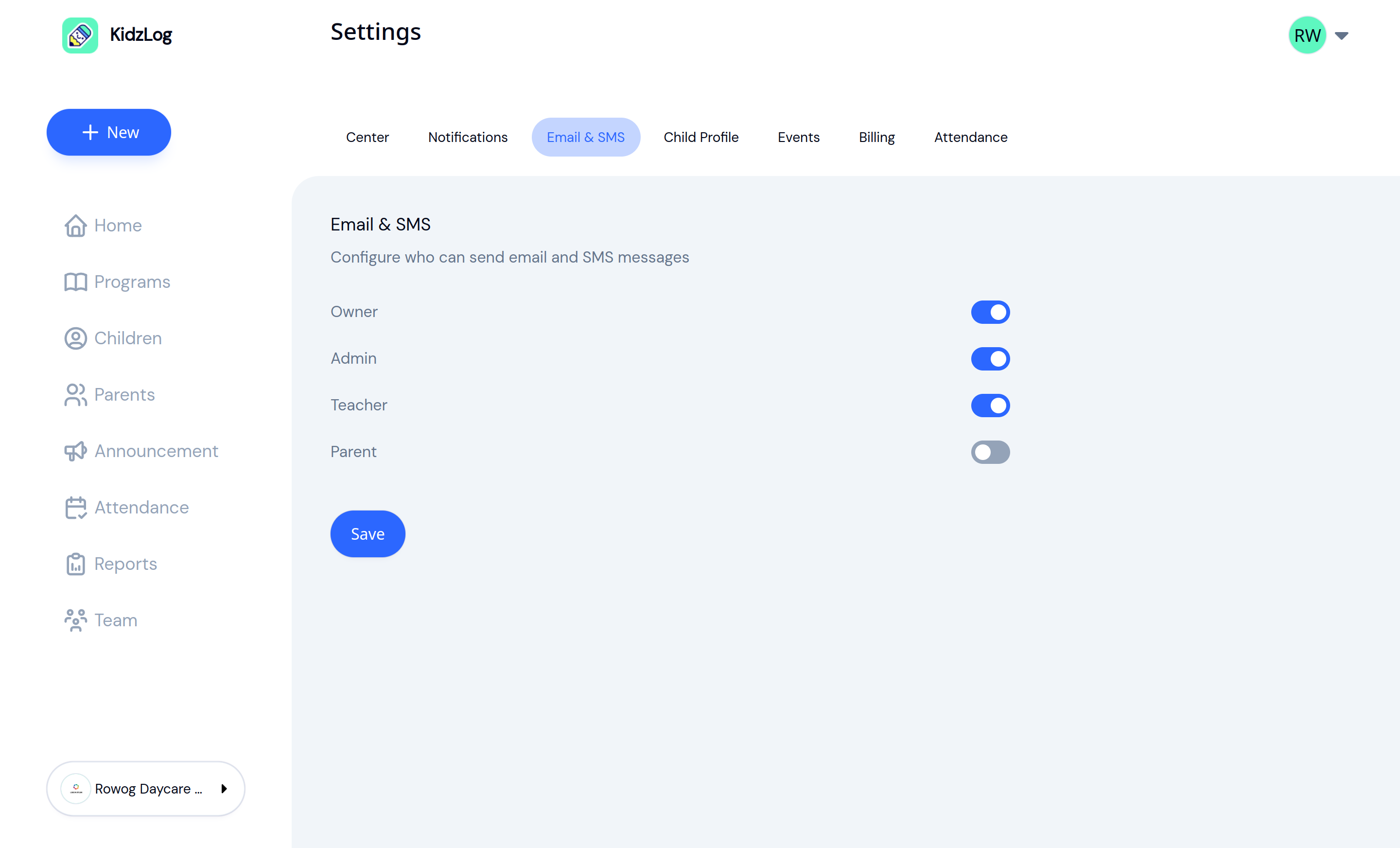 The Email & SMS settings tab, with owner, admin and teacher able to send and parent switched off