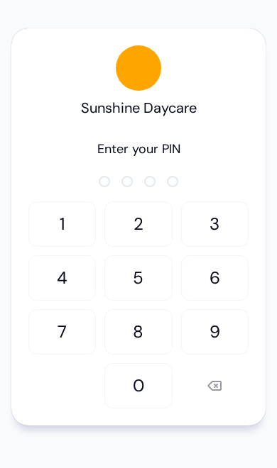 The QR check-in screen open on a parent's phone: Sunshine Daycare, four empty PIN dots and a number pad