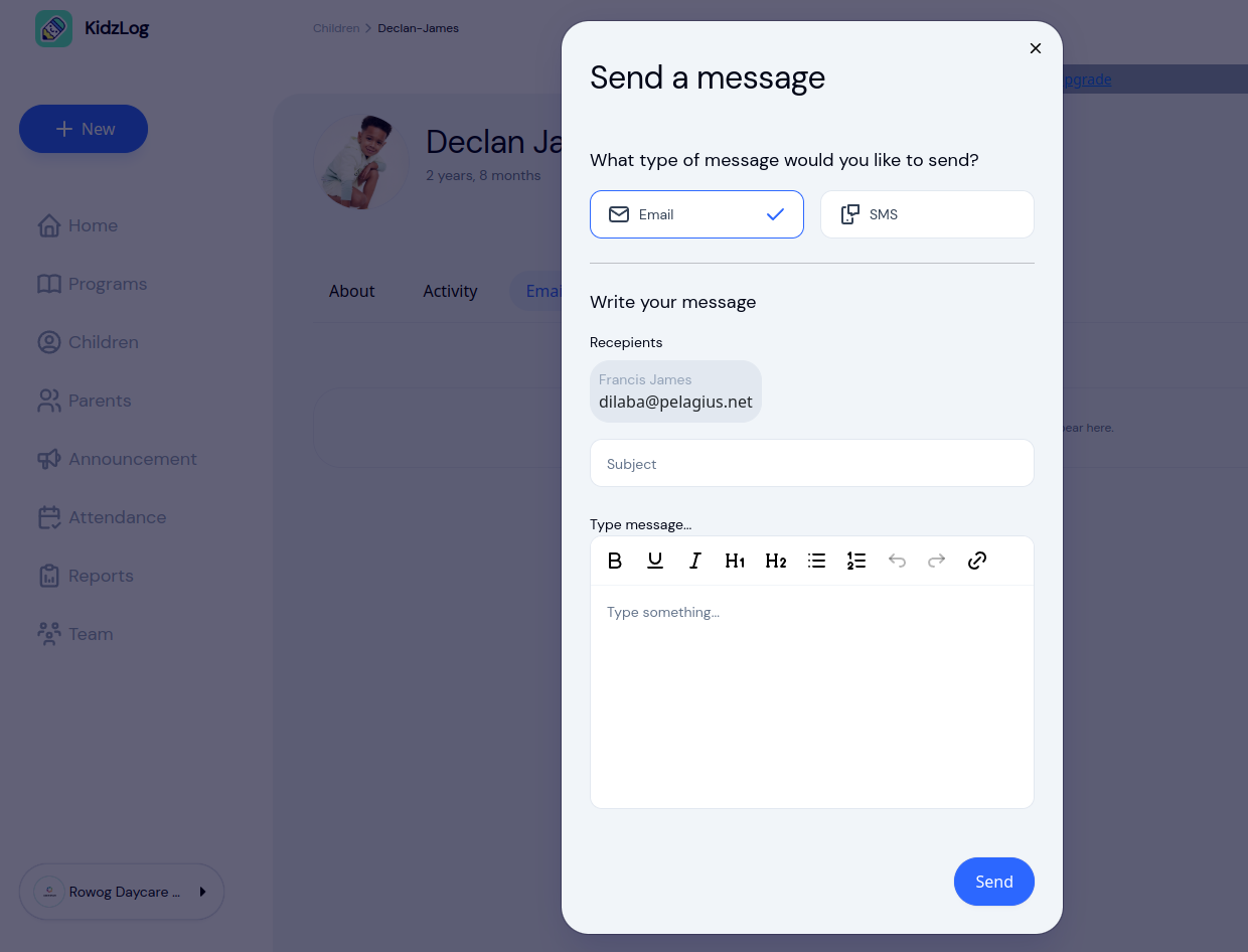 The Send a message dialog on a child's record, choosing between email and SMS with the parent's address filled in