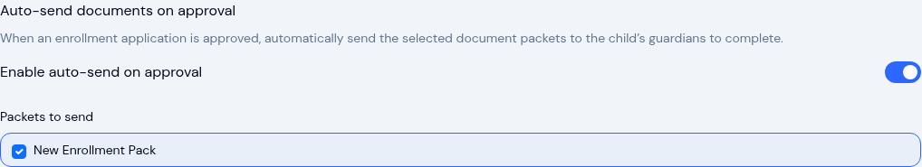 KidzLog enrollment settings with Auto-send documents on approval enabled and the New Enrollment Pack selected