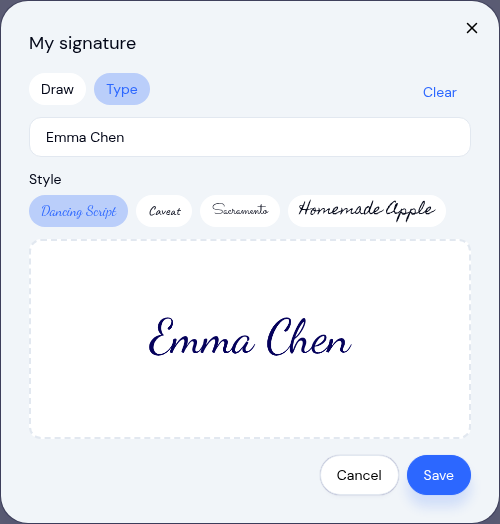 The My signature editor in KidzLog with Type mode selected, showing a name rendered in a handwriting style