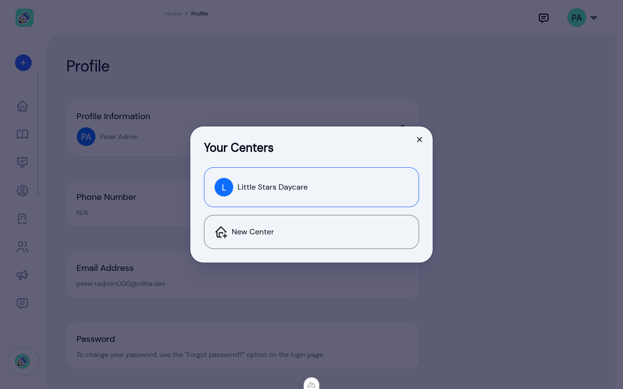 Center switcher modal showing the current center and the option to create a new center