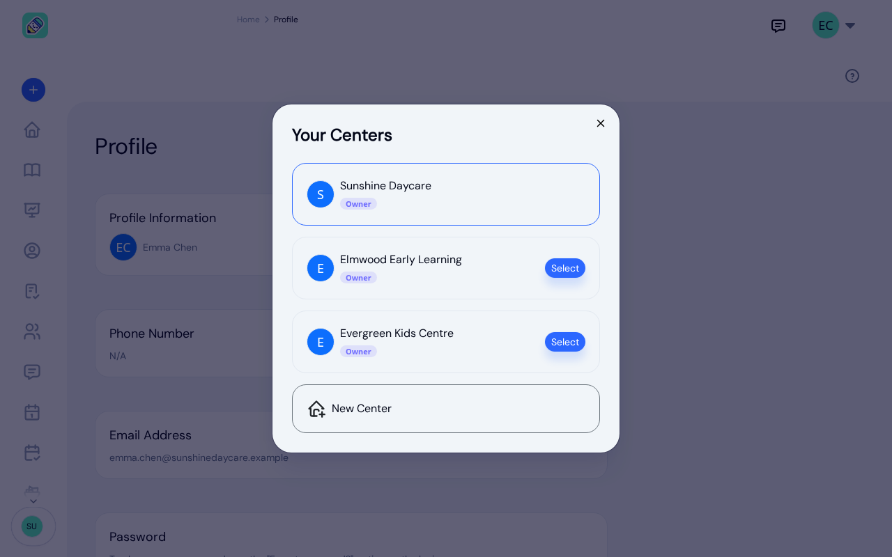 Your Centers modal listing the current center at the top and two other centers with Select buttons, each showing the role held there, above the New Center option