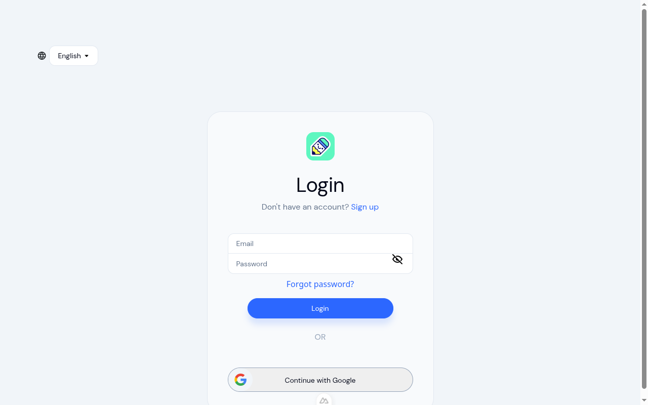 Login form with email, password, forgot password link, and Google sign-in option