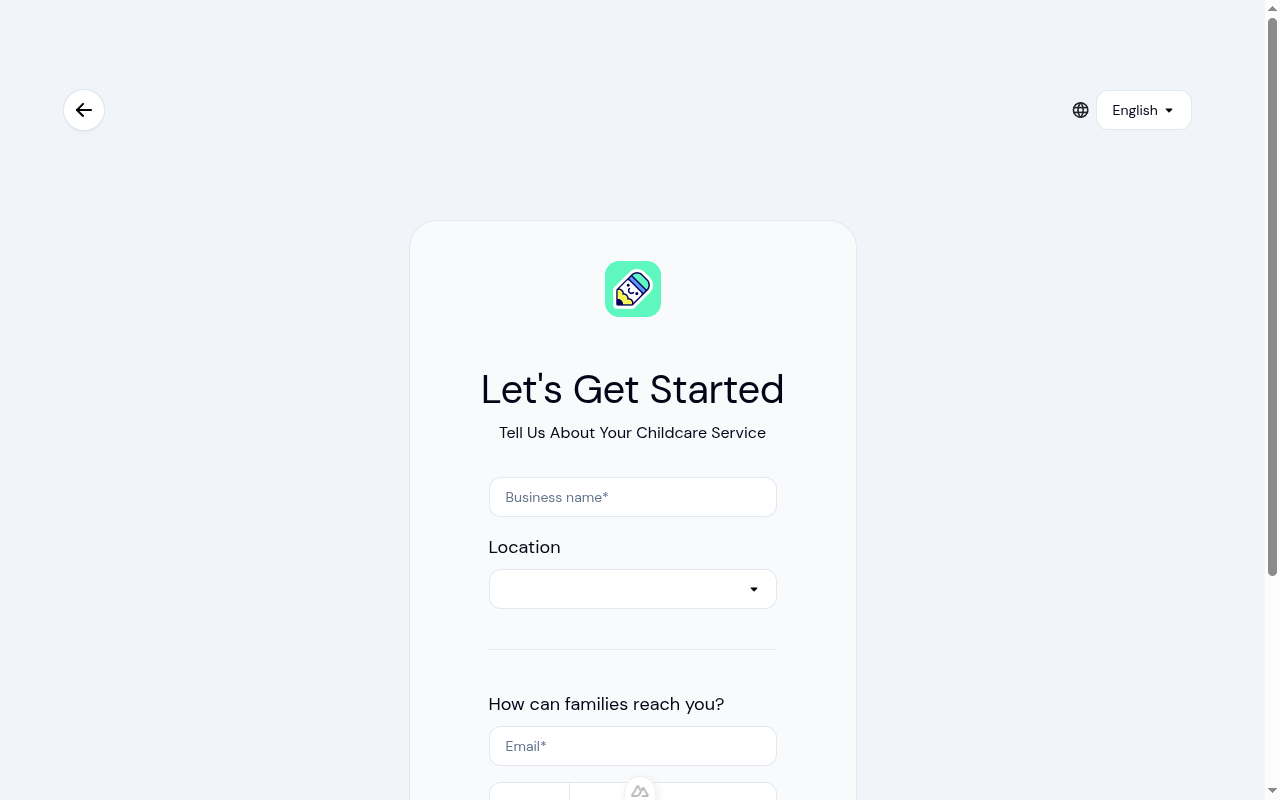 Center creation form with business name, location, email, and phone fields