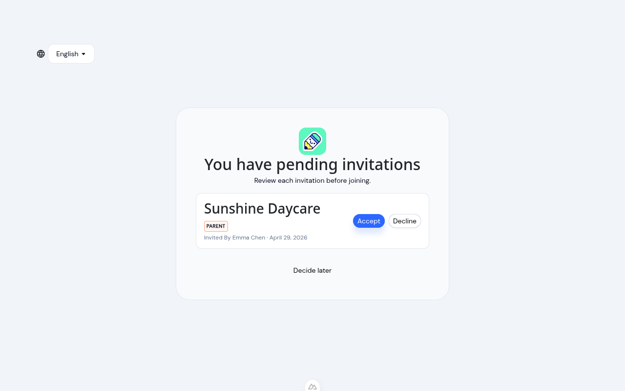 Pending invitations screen showing a Sunshine Daycare card with a Parent role badge and Accept and Decline buttons