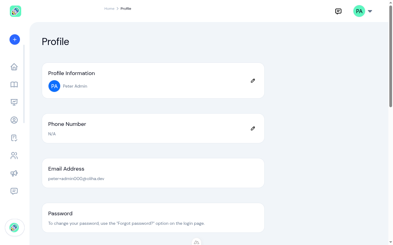 Profile page showing personal information, PIN code, notifications, and language settings