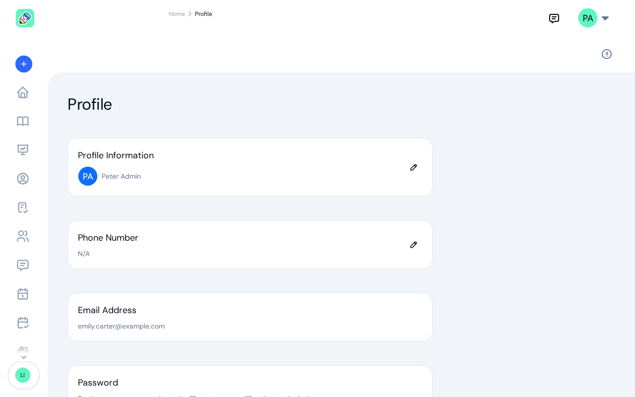 Profile page showing personal information, PIN code, notifications, and language settings