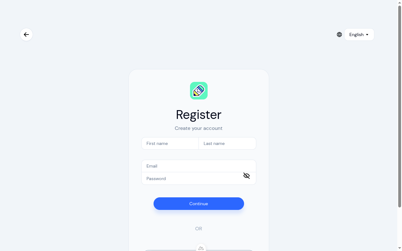 Registration form with name, email, password fields, and Google sign-in option