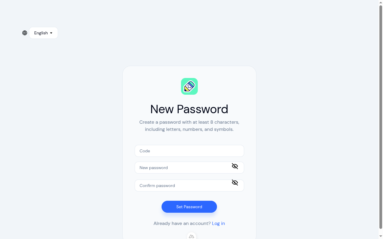 New password form with code, new password, and confirm password fields