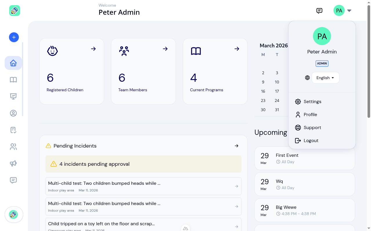 User dropdown menu showing Settings, Profile, Support, and Logout options