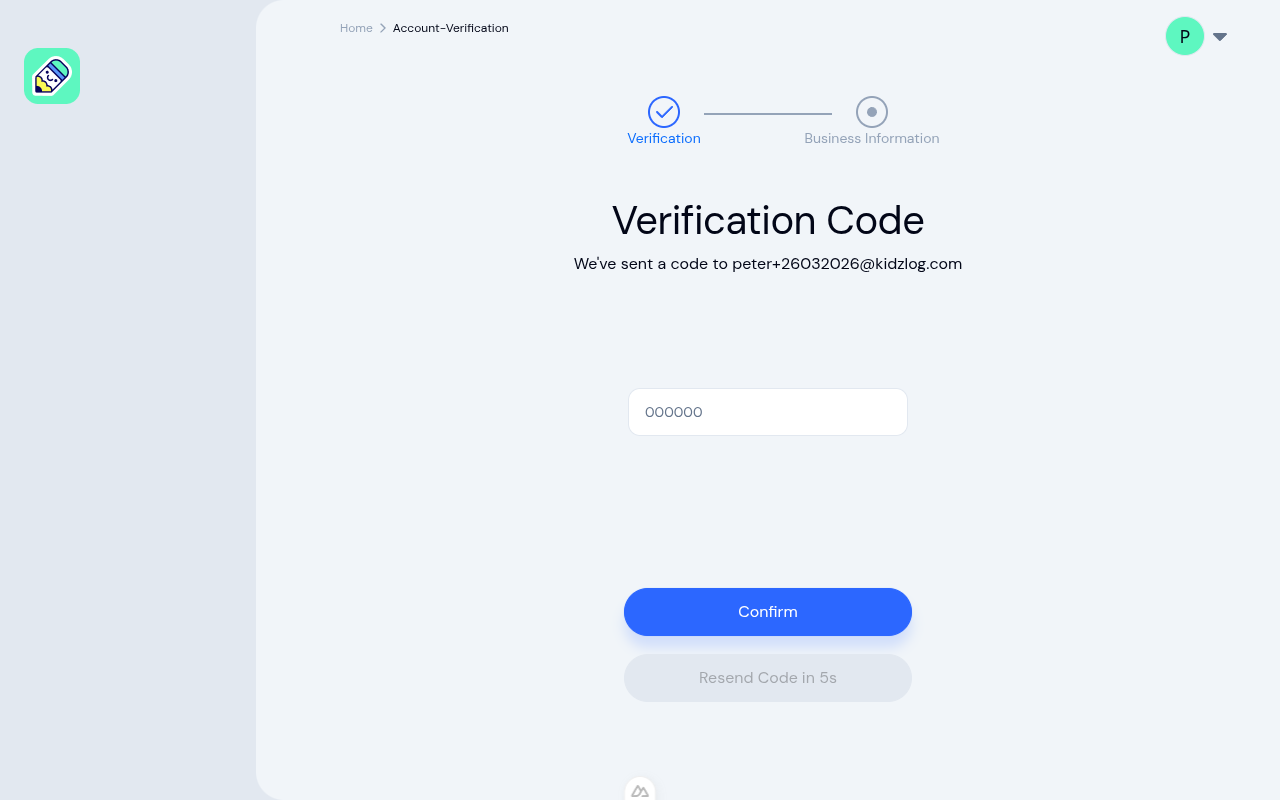 Email verification screen with code input and Confirm button