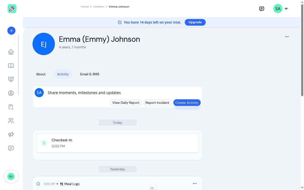 Activity tab on a child's profile showing action buttons, today's check-in, and yesterday's activity logs