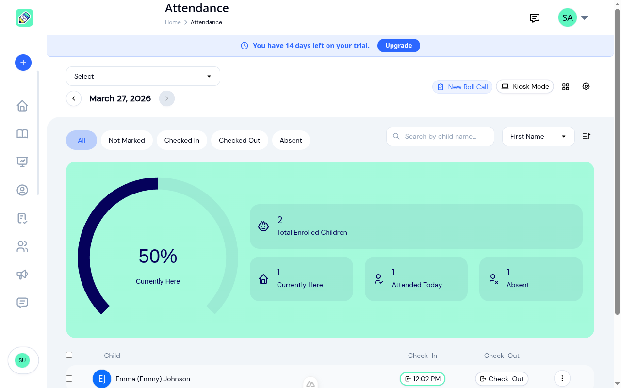 Attendance page showing metrics widget, status filters, and child list