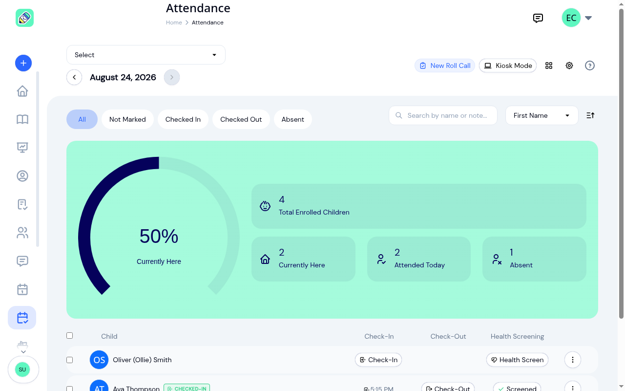 Attendance page for 24 August showing the status filter tabs, the metrics widget with four enrolled and two currently here, and the child roster with check-in, check-out and health screening columns