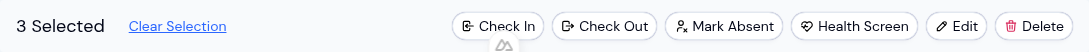 The bulk actions bar that appears when children are selected, with actions including Check In, Check Out, Mark Absent, Edit, and Delete