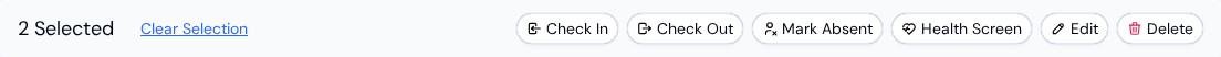 The bulk actions bar that appears when children are selected, showing the count, Clear Selection, and the Check In, Check Out, Mark Absent, Health Screen, Edit, and Delete actions
