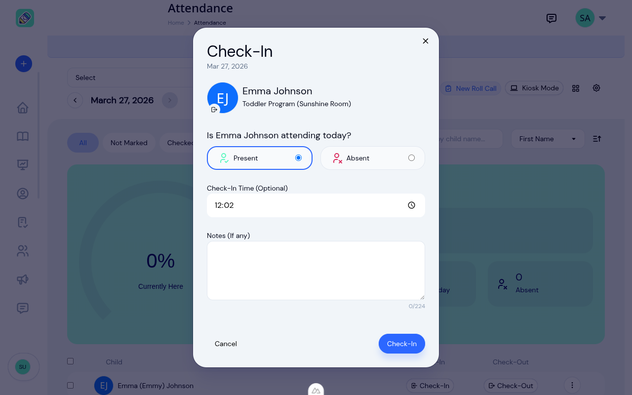 Check-in modal showing child details, present/absent toggle, time picker, and note options