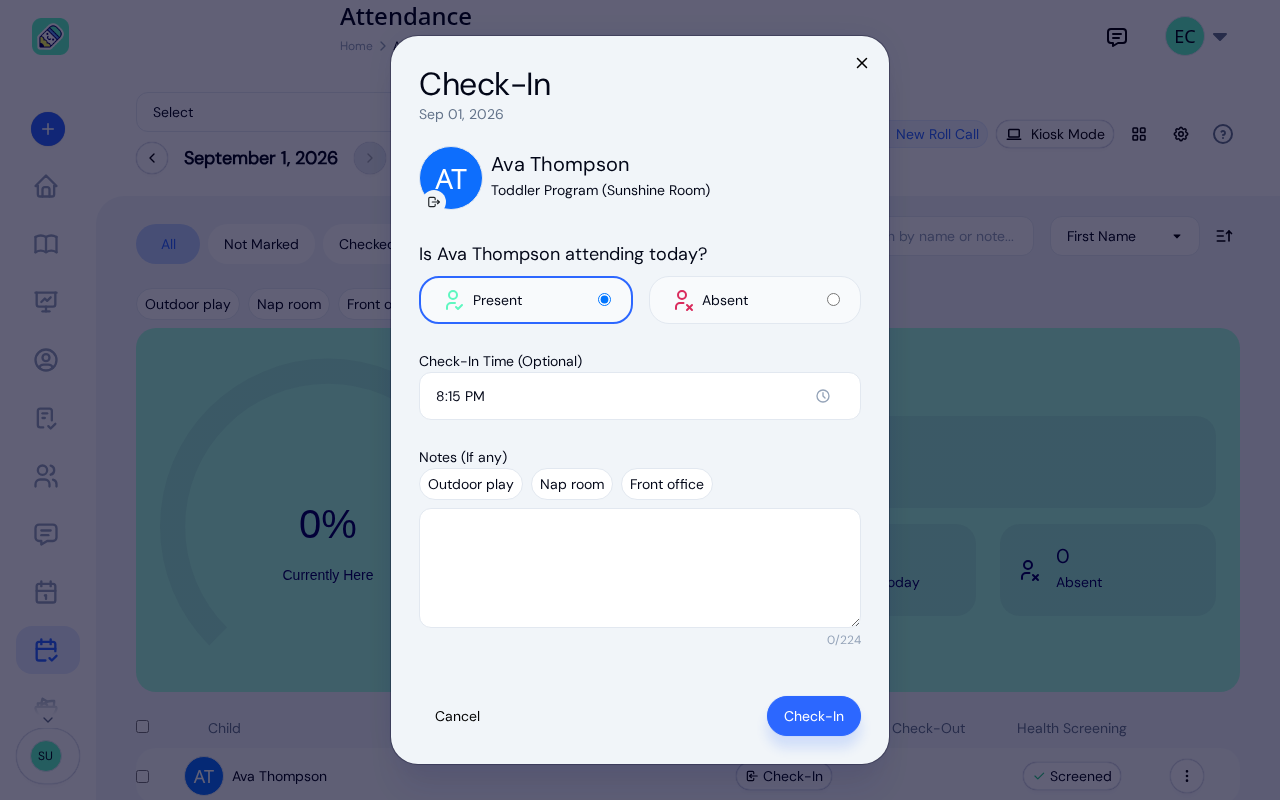 Check-in modal showing child details, present/absent toggle, time picker, and note options