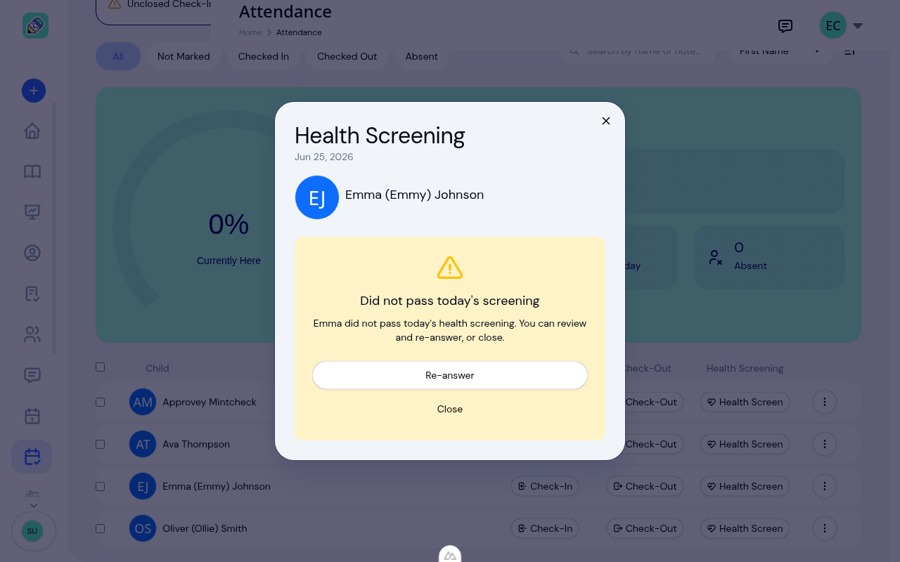 Did not pass screening message offering to re-answer or close