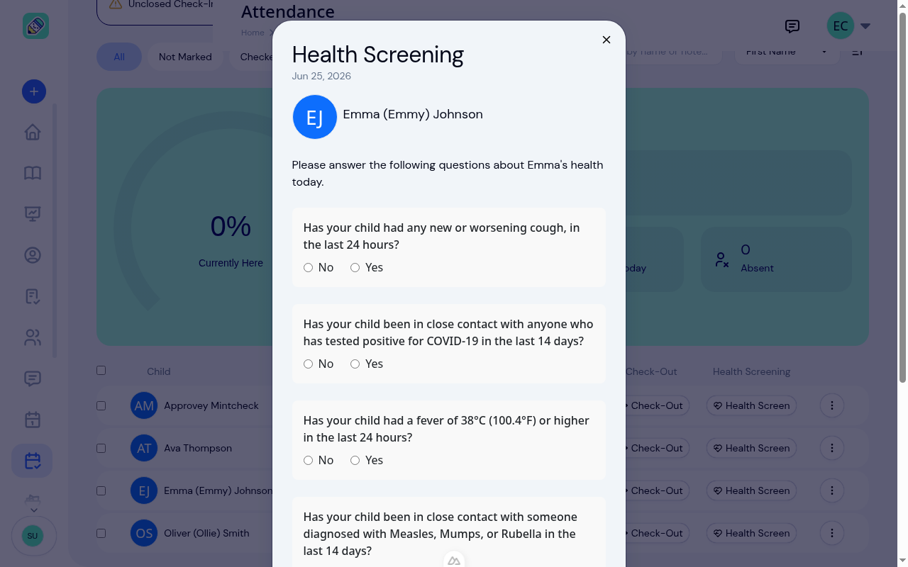 Health screening questionnaire with yes/no questions about the child's health today