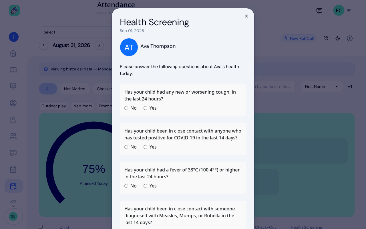 Health screening questionnaire with yes/no questions about the child's health today