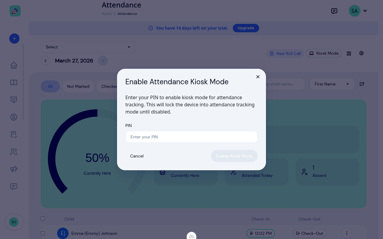 Enable Kiosk Mode modal asking for staff PIN