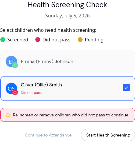 Kiosk health screening check step showing the status legend, a child marked Did not pass, and the reminder to re-screen before continuing
