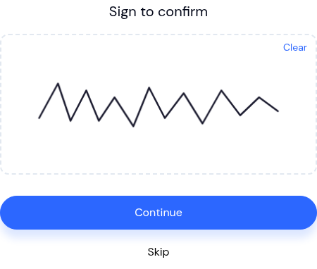 Kiosk Sign to confirm step showing a signature on the pad, a Continue button, and a Skip option