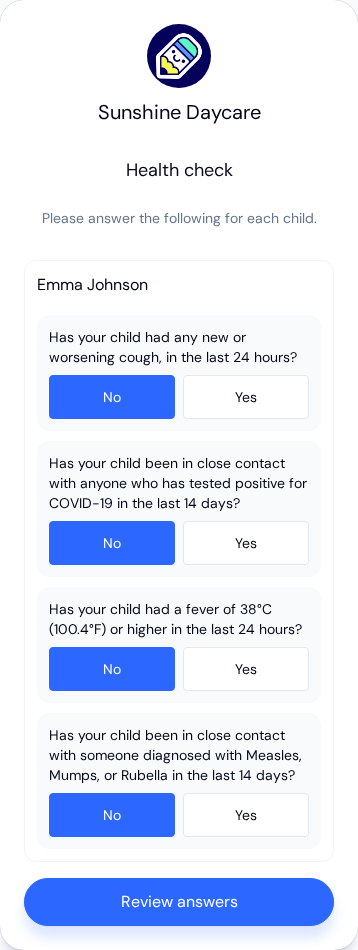 Health check screen for Emma Johnson with four health questions, No selected on each, and a Review answers button
