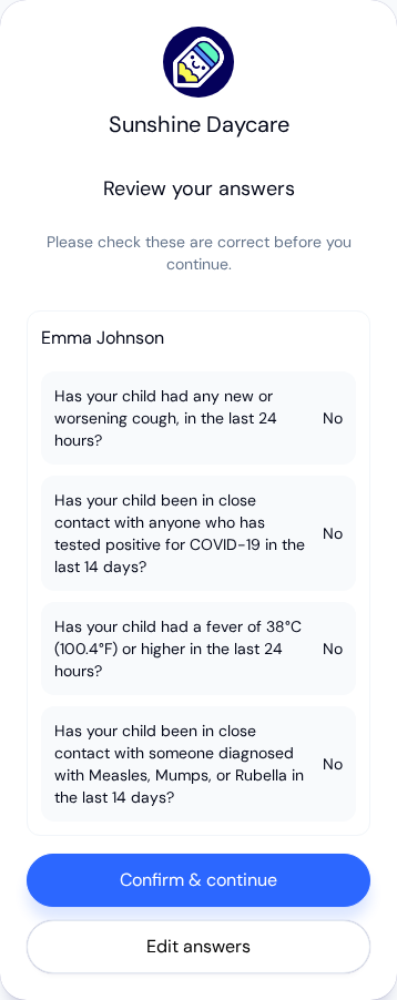 Review your answers screen listing Emma Johnson's four answers as No, with Confirm & continue and Edit answers buttons