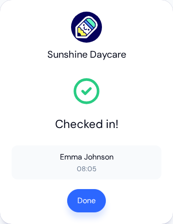 Checked in! confirmation listing Emma Johnson at 08:05 with a Done button