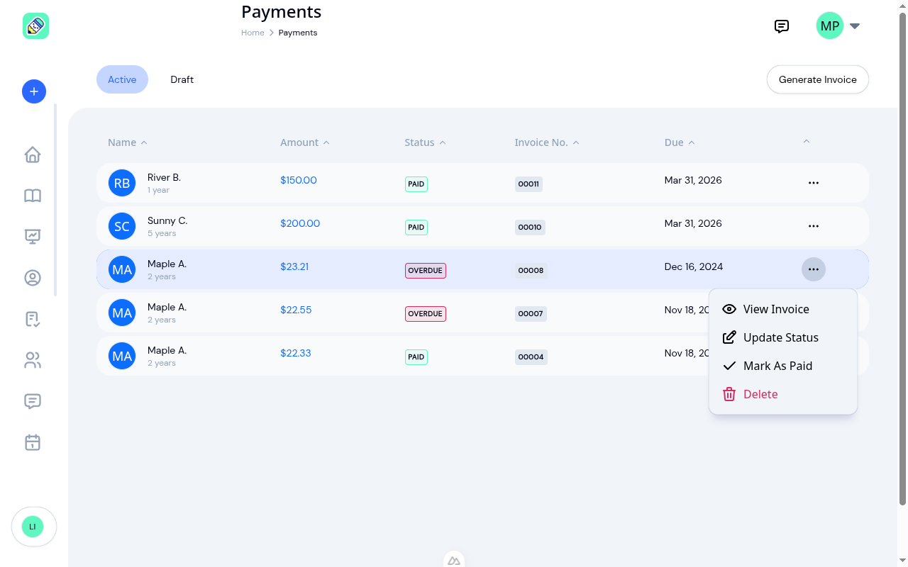 Actions menu open on an overdue invoice row showing View Invoice, Update Status, Mark As Paid, and Delete options
