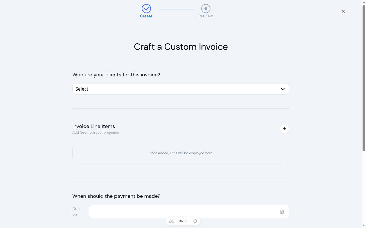 Generate Invoice wizard step one with the title Craft a Custom Invoice, a client selector, an Invoice Line Items section with an Add button, and a Due on date picker