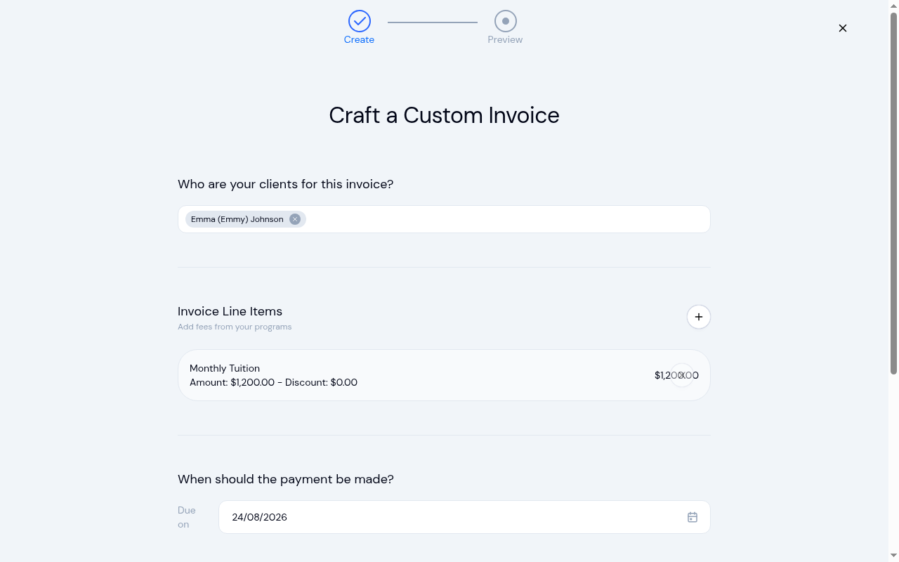 Generate Invoice wizard step one with a child selected as a tag, a Monthly Tuition line item at $1,200.00, and the Due on date already filled in with today's date